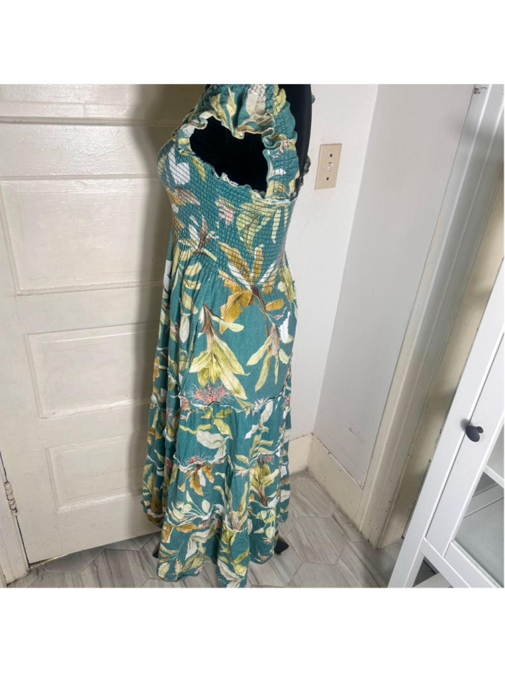 Women's O.P.T. Tuscany Teal Green Floral Smocked Maxi Dress M Summer Ligh - Picture 6 of 10